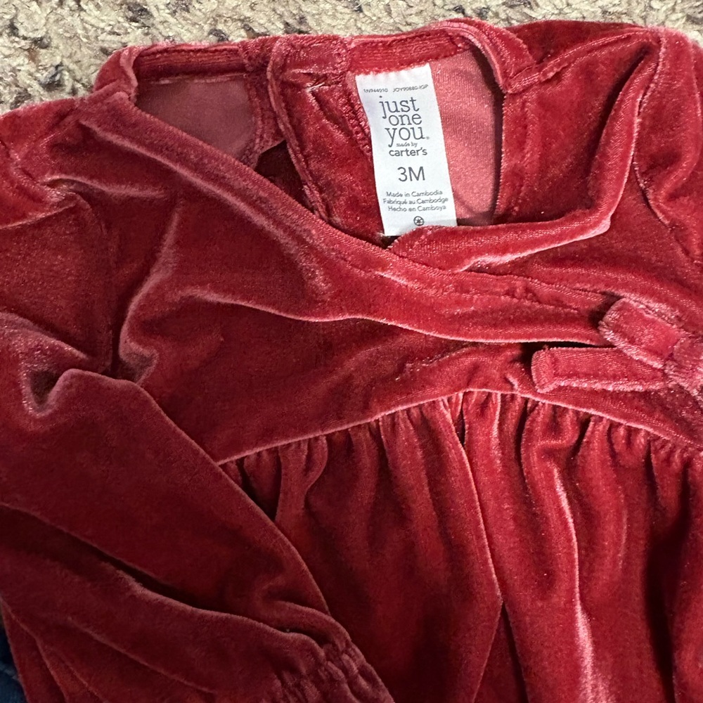 Carter's Blue Denim Overalls with White tights and red velvet romper